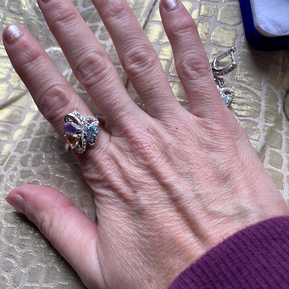 NEW Amethyst, yellow quartz and aquamarine sterling 925 duo ring and earrings.